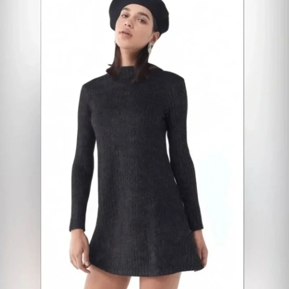 Urban Outfitters Sweater Mini Dress Medium Womens Black Glitter Mock Neck Dress - Picture 1 of 10